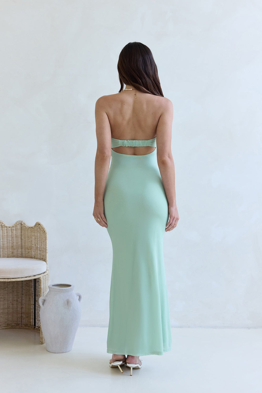 Caught Your Eye Mesh Strapless Maxi Dress Sage