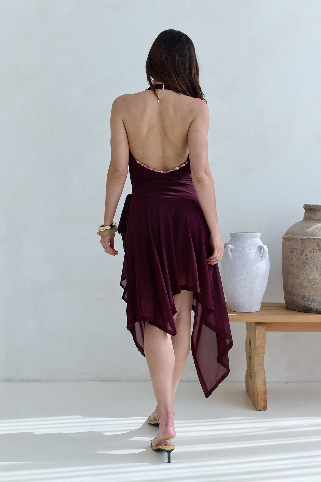 Starry Dreams Halter Mesh Mini Dress Burgundy