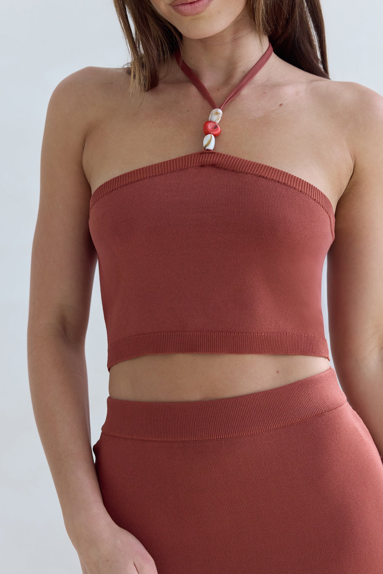Secret Kisses Halter Knit Crop Top Clay