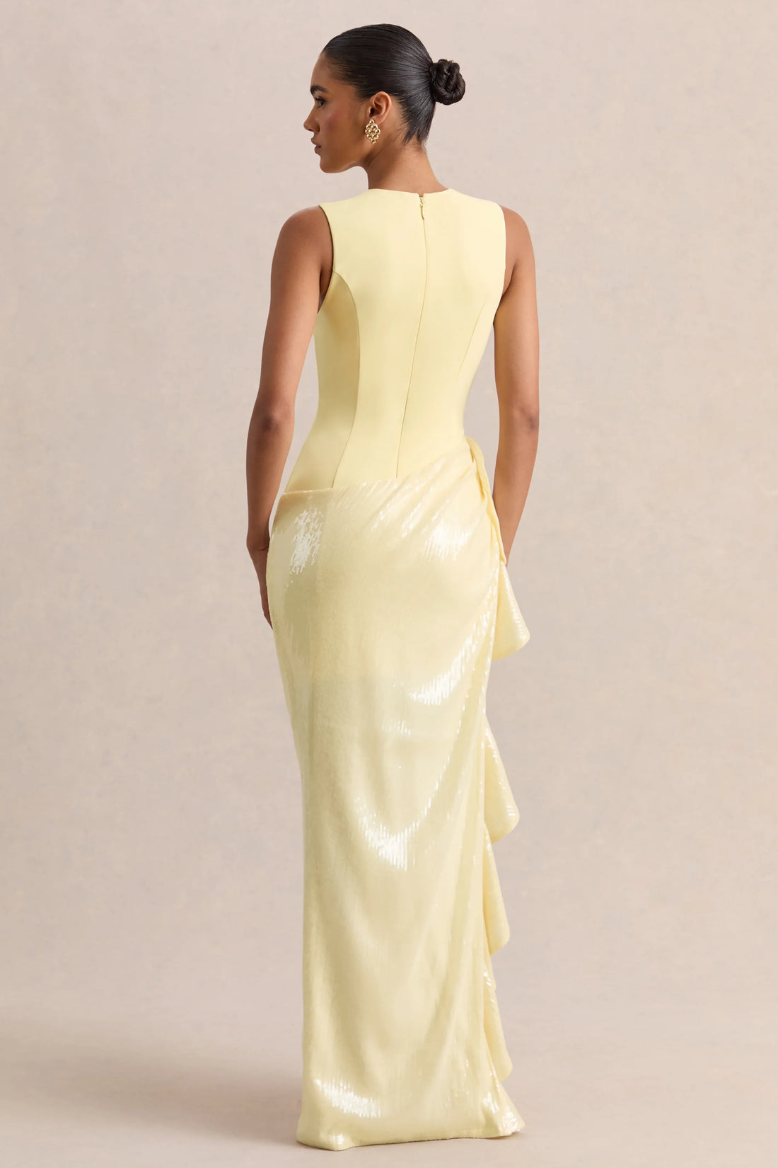 Ada | Lemon Crew-Neck Maxi Dress With Sheer Skirt And Ruffled Detailing
