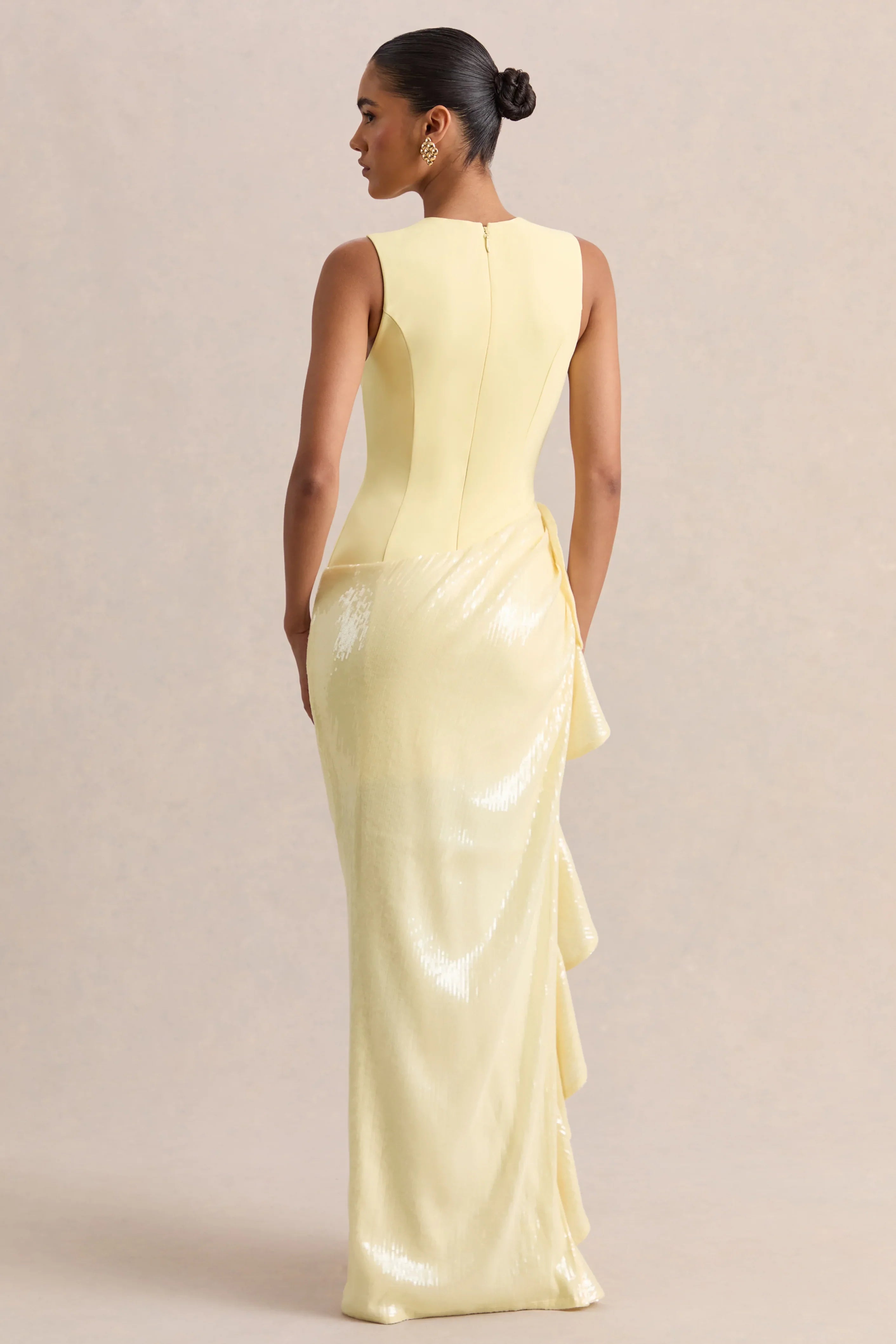 Ada | Lemon Crew-Neck Maxi Dress With Sheer Skirt And Ruffled Detailing