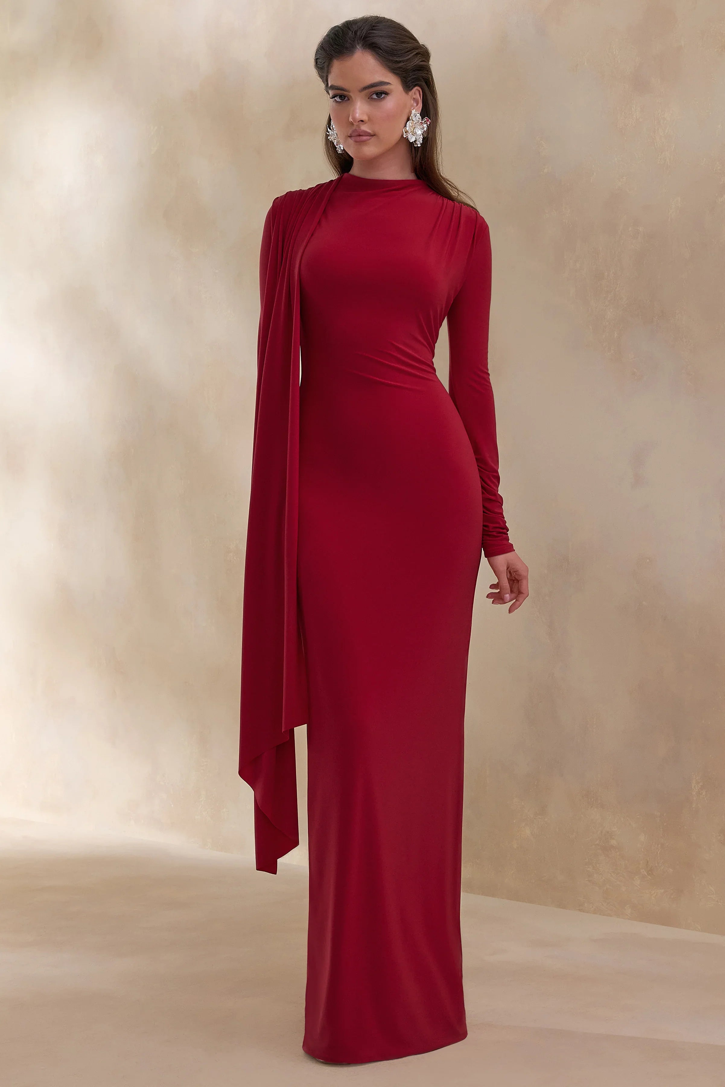 Amaria | Red High-Neck Maxi Dress With Sash-Detail