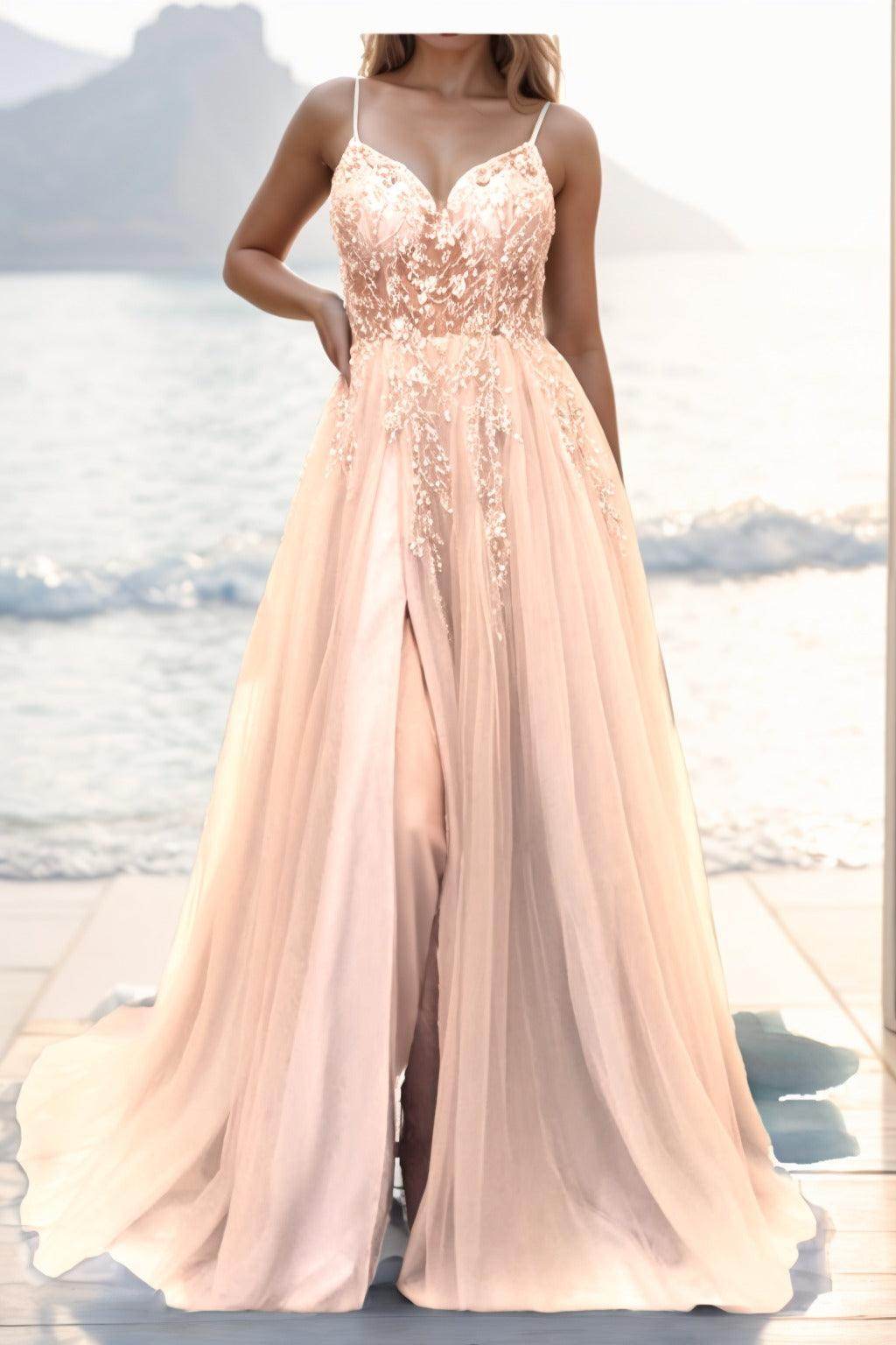 A-line Sweep-Brush Train Tulle Prom Dress CS0402