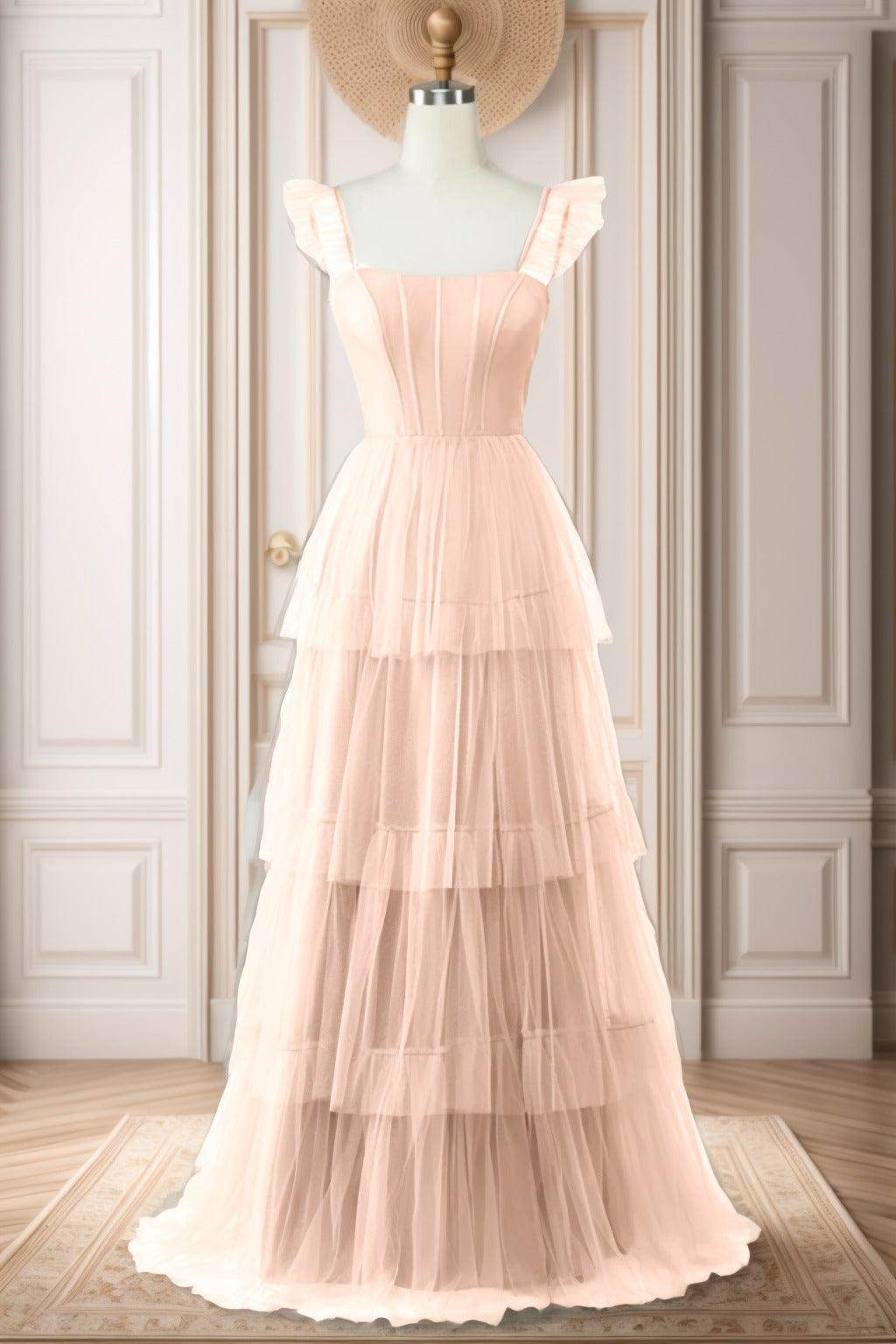A-Line Sweep-Brush Train Tulle Prom Dress CS0471