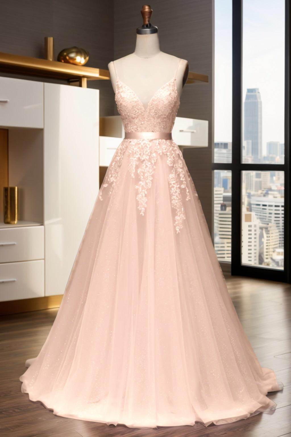 A-Line Sweep-Brush Train Tulle Prom Dress CS0464