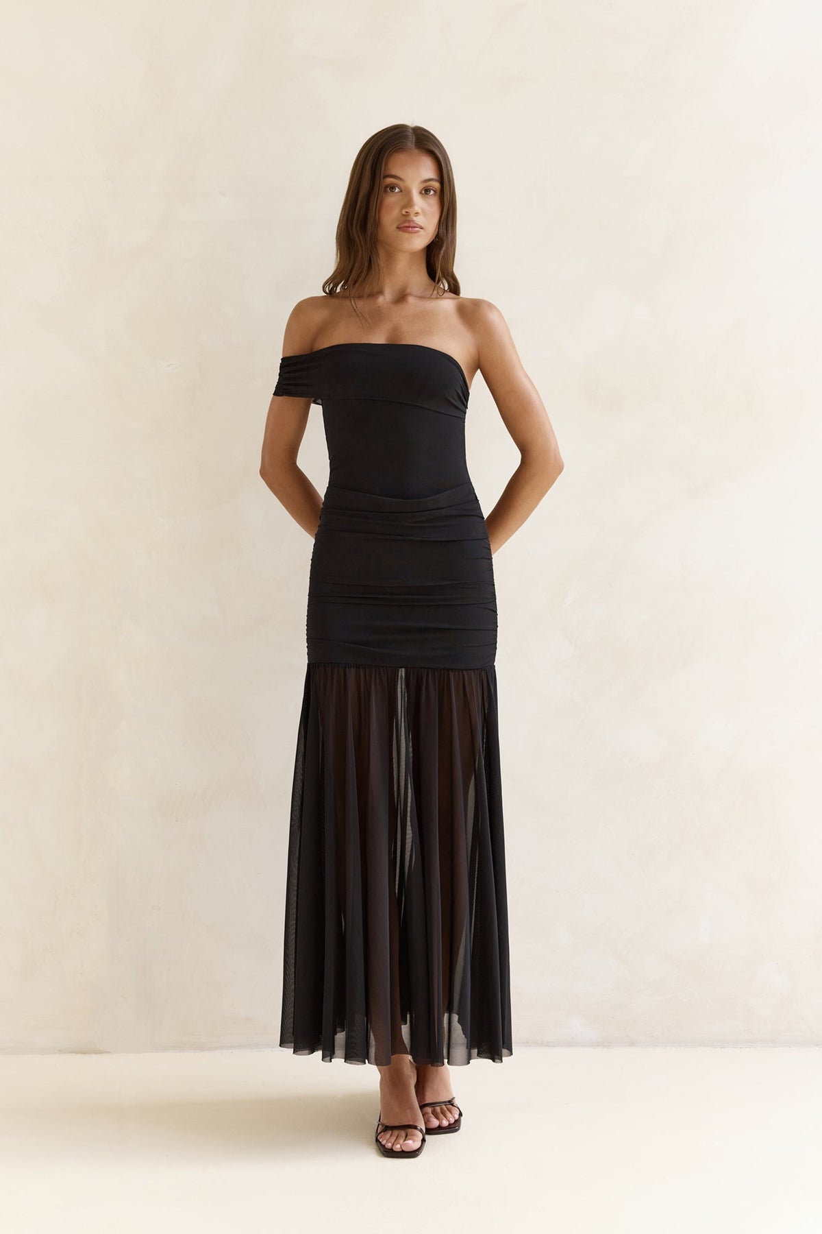Serene Twilights One Shoulder Mesh Maxi Dress Black