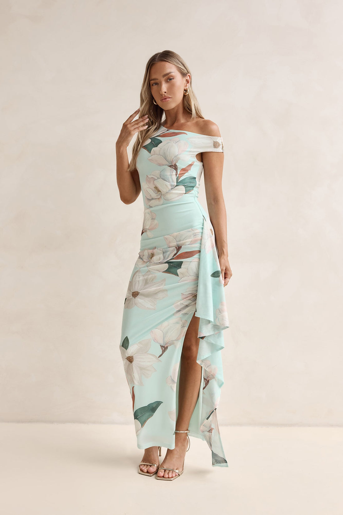 Case Of Flowers Off Shoulder Mesh Maxi Dress Mint