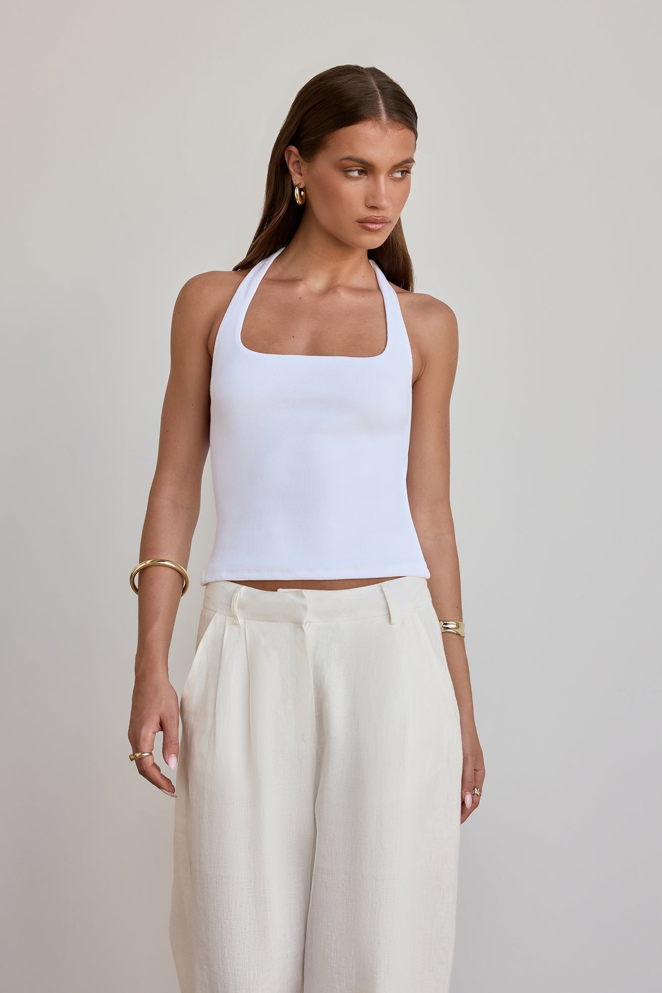 BASE Luxe Rib Simple Silhouette Halter Top White
