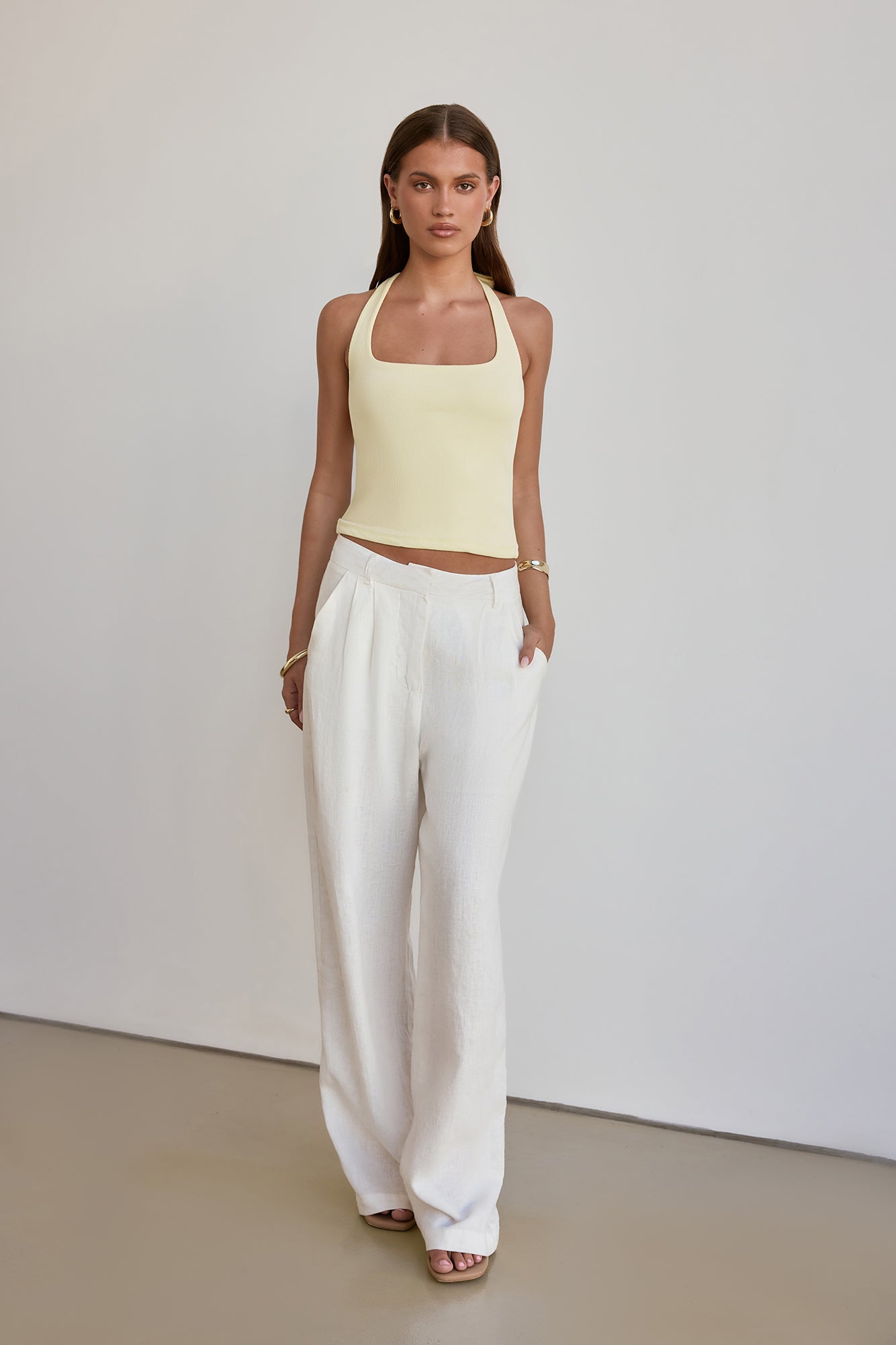 BASE Luxe Rib Simple Silhouette Halter Top Yellow