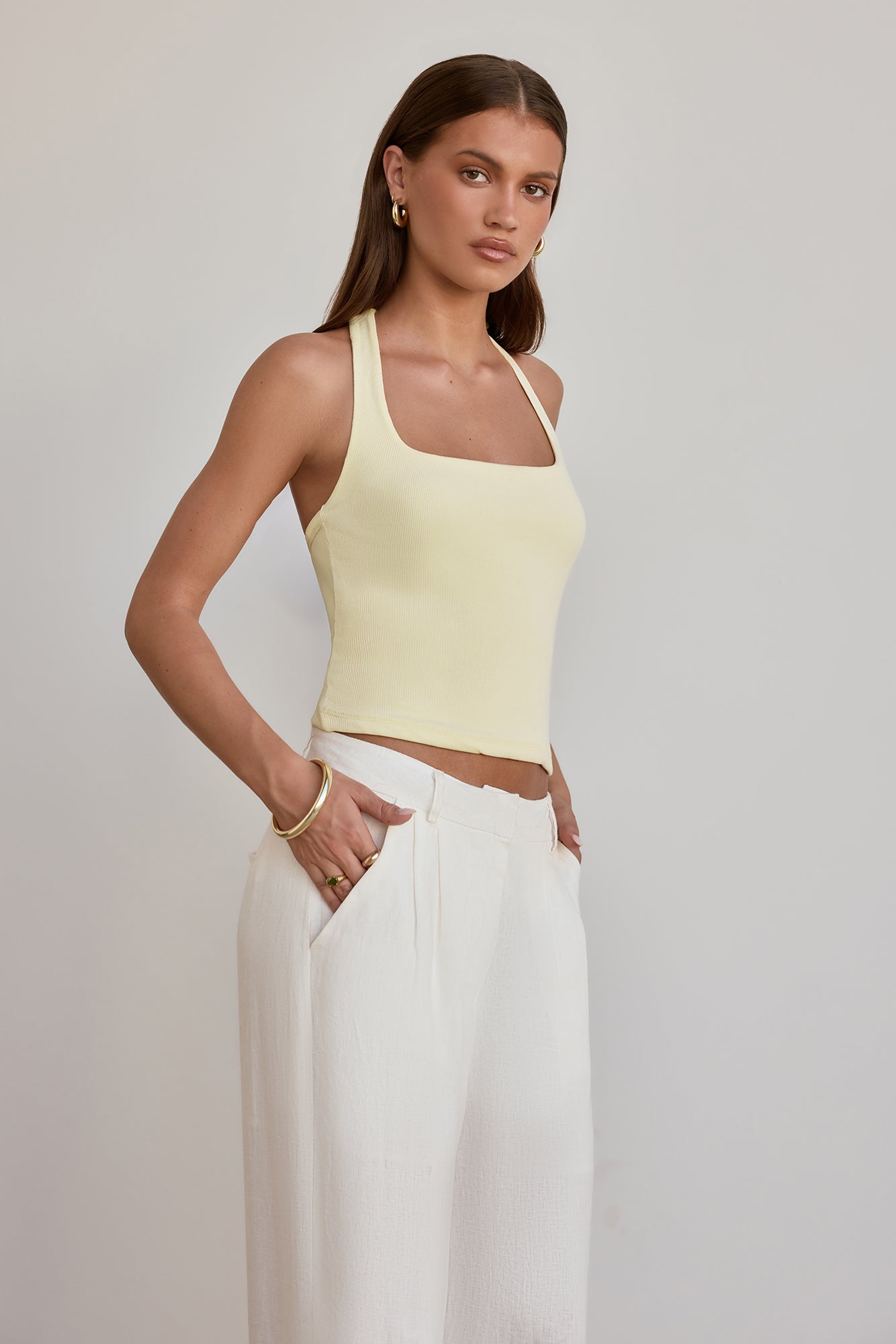 BASE Luxe Rib Simple Silhouette Halter Top Yellow