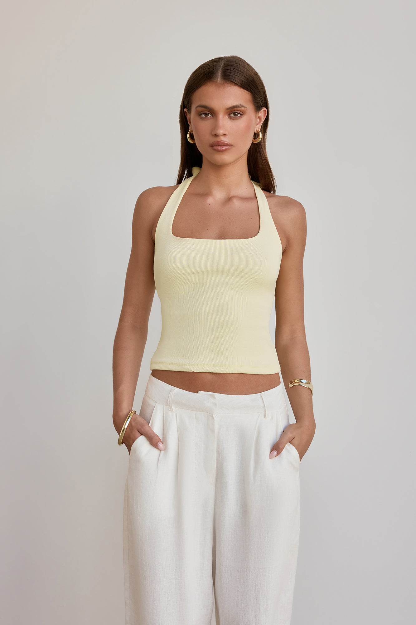 BASE Luxe Rib Simple Silhouette Halter Top Yellow