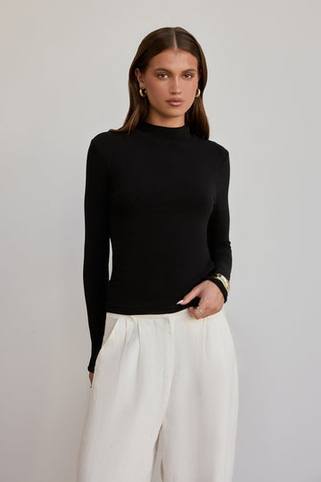 BASE Form Luxe Knit Simple High Neck Long Sleeve Top Black