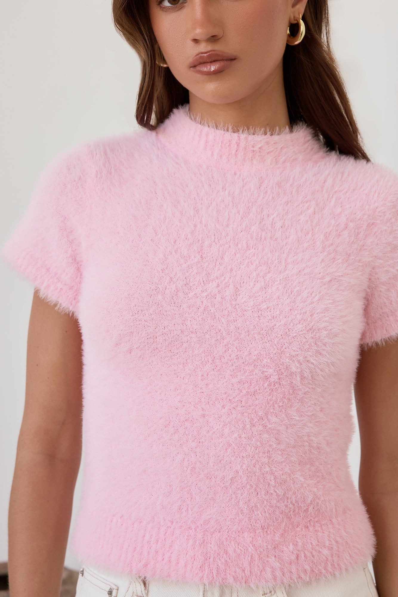 Old Money Hour Fluffy Knit Short Sleeve Sweater Pink