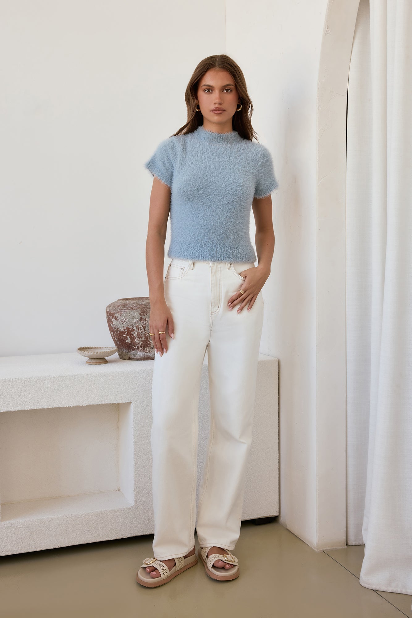 Old Money Hour Fluffy Knit Short Sleeve Sweater Blue