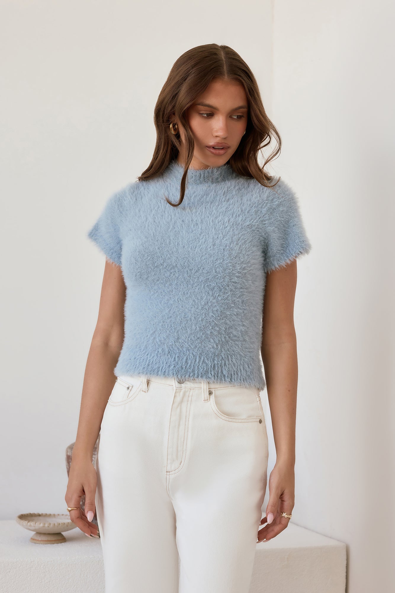 Old Money Hour Fluffy Knit Short Sleeve Sweater Blue