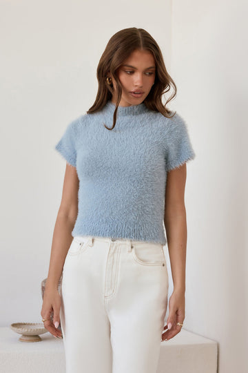 Old Money Hour Fluffy Knit Short Sleeve Sweater Blue