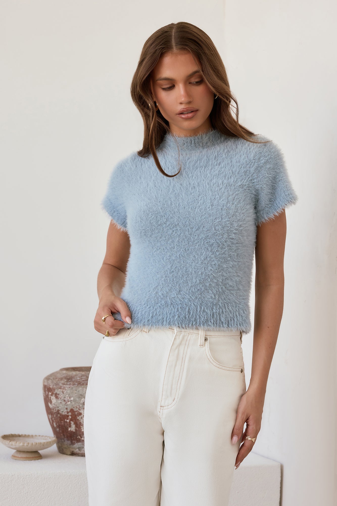 Old Money Hour Fluffy Knit Short Sleeve Sweater Blue