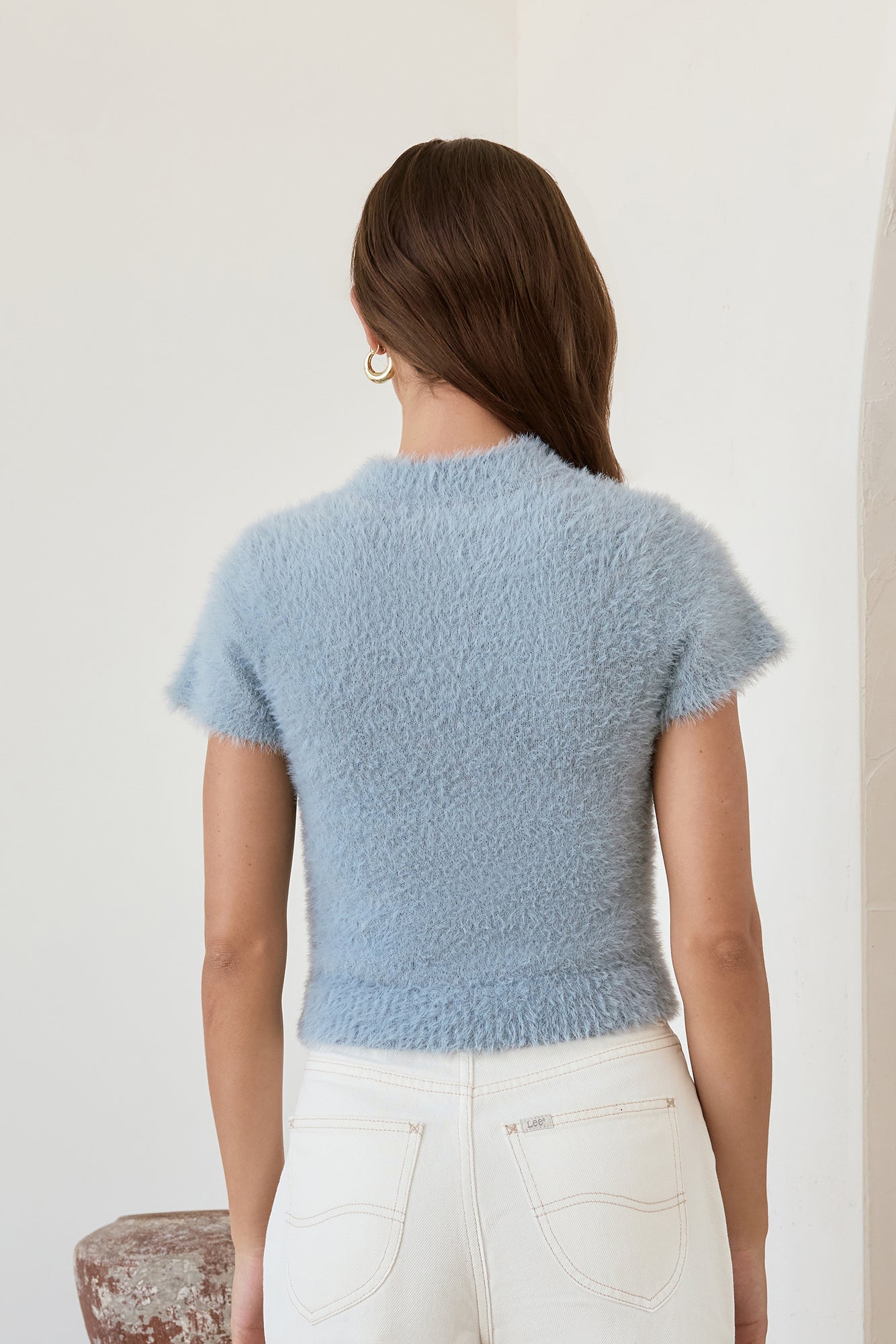 Old Money Hour Fluffy Knit Short Sleeve Sweater Blue