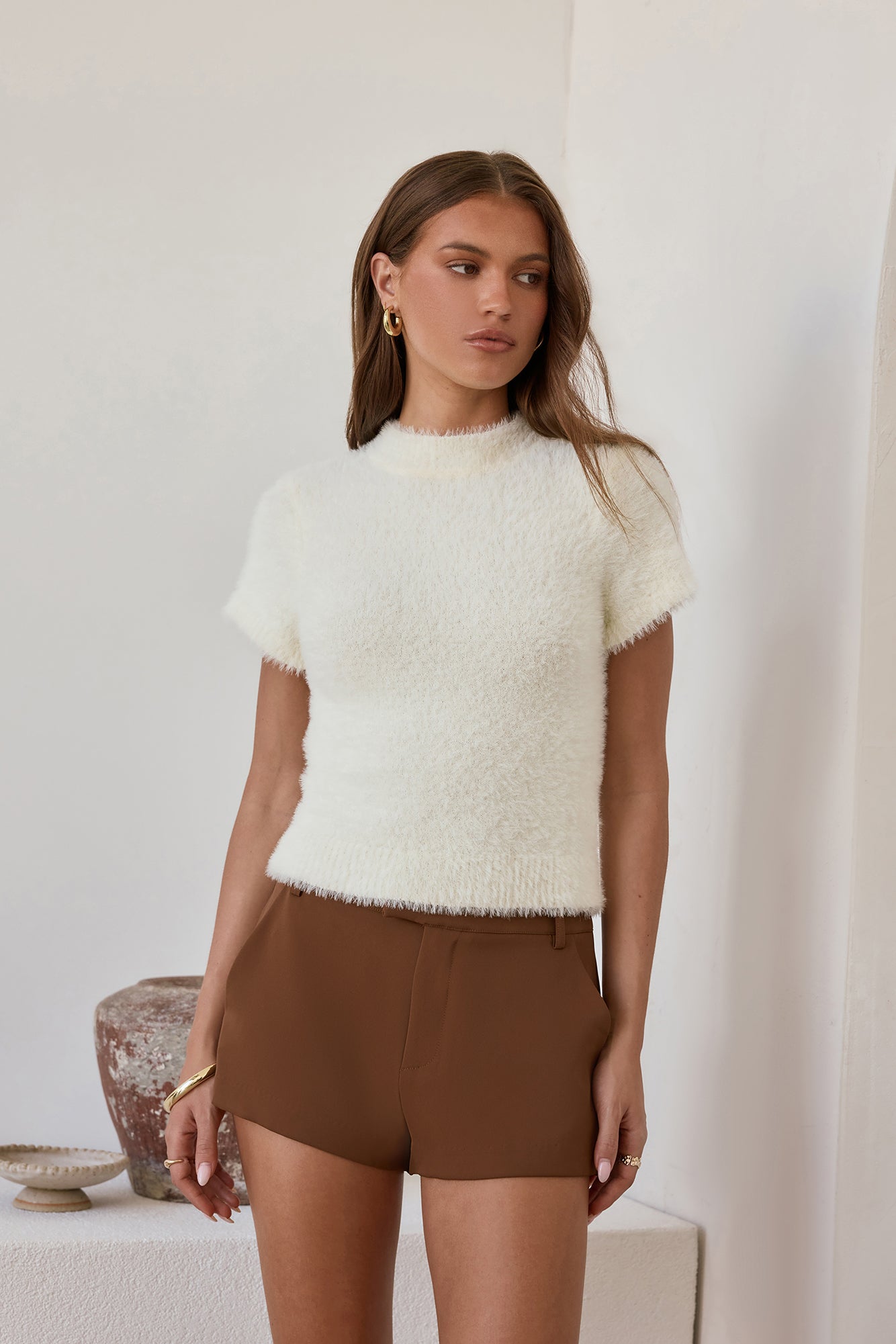 Old Money Hour Fluffy Knit Short Sleeve Sweater White