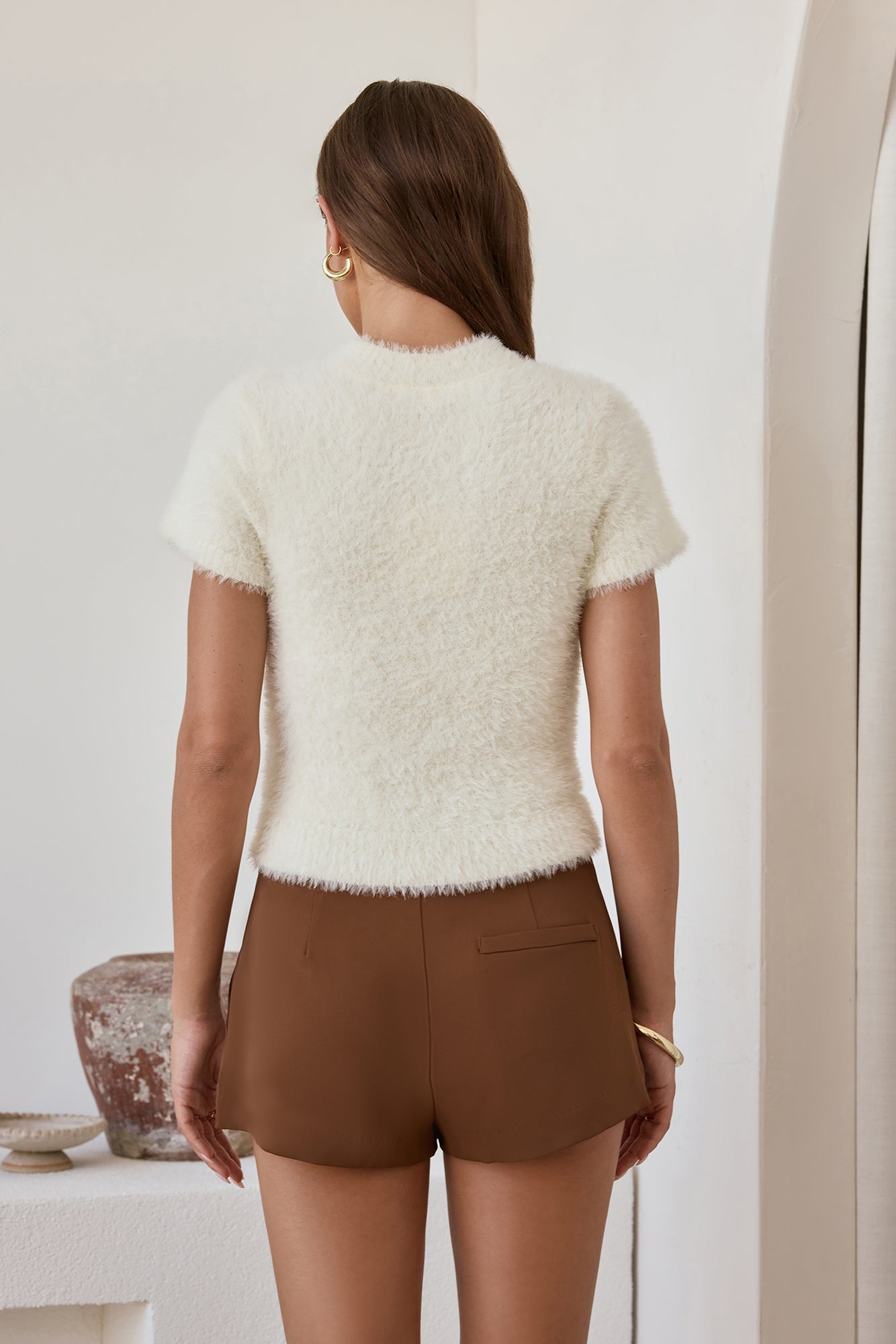 Old Money Hour Fluffy Knit Short Sleeve Sweater White