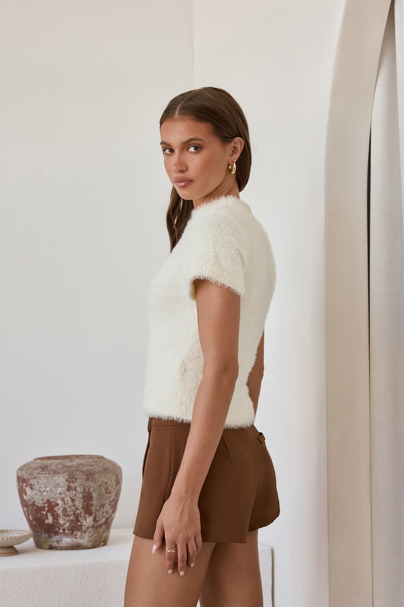 Old Money Hour Fluffy Knit Short Sleeve Sweater White