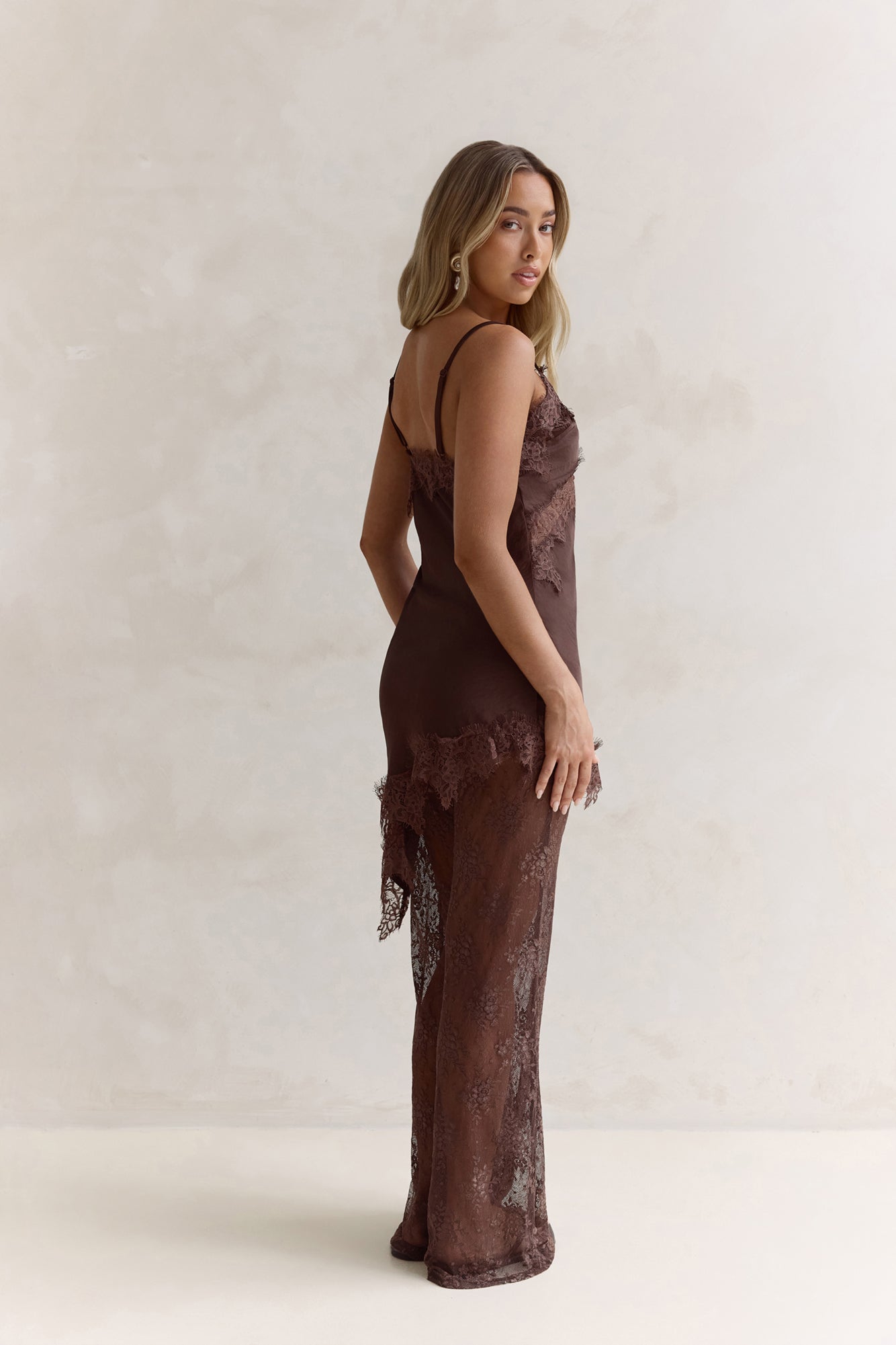 Evening Foreshore Lace Satin Set Brown