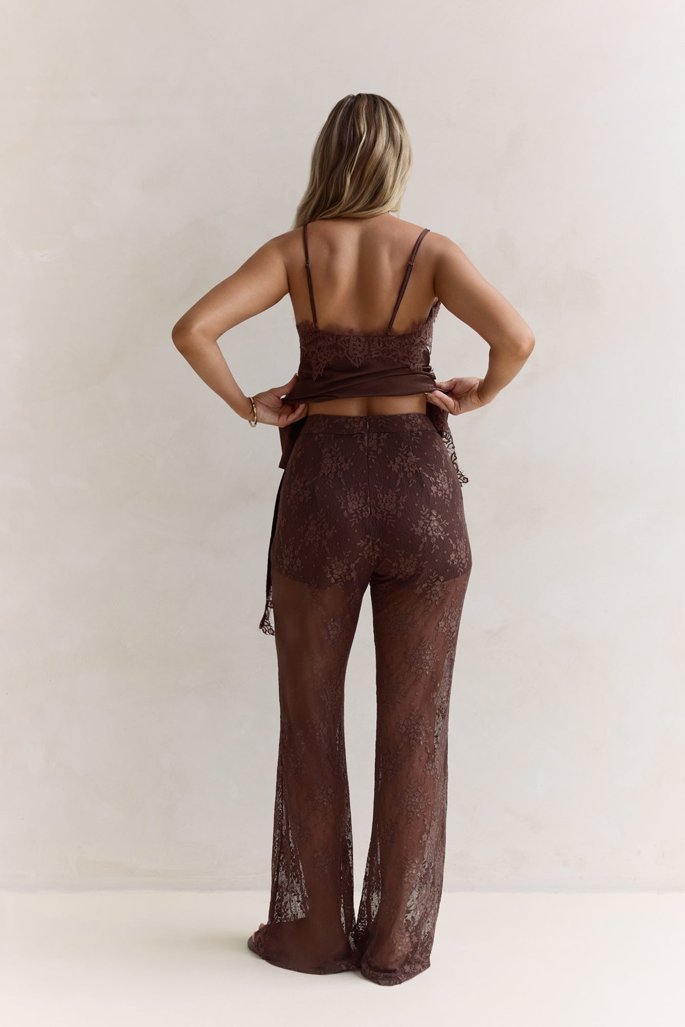 Evening Foreshore Lace Satin Set Brown
