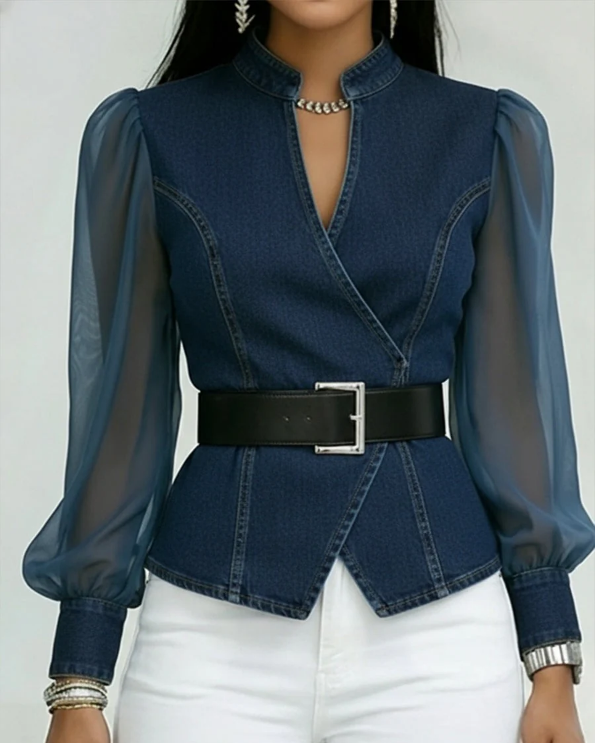 Alessia™ | Denim Top with Lightweight Chiffon Sleeves