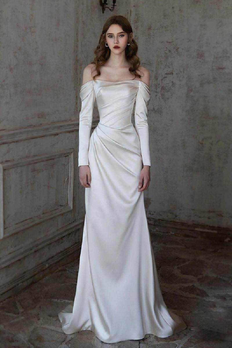 Sheath-Column Sweep-Brush Train Satin Wedding Dress 851237427674
