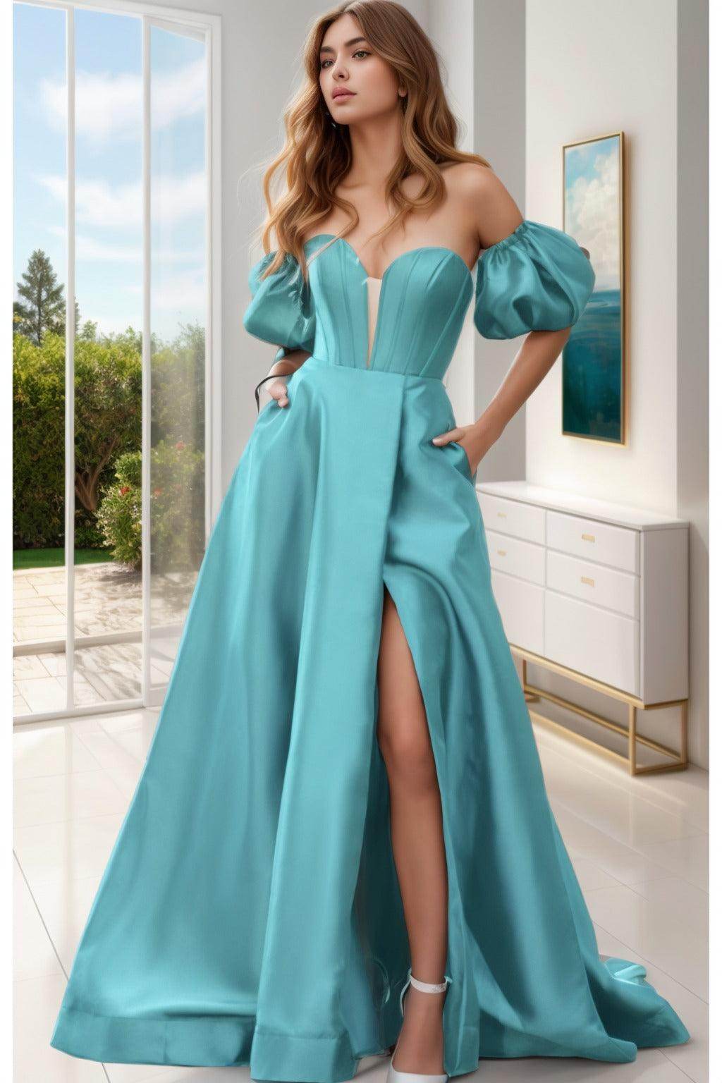 A-Line Sweep-Brush Train Satin Prom Dress CS0448