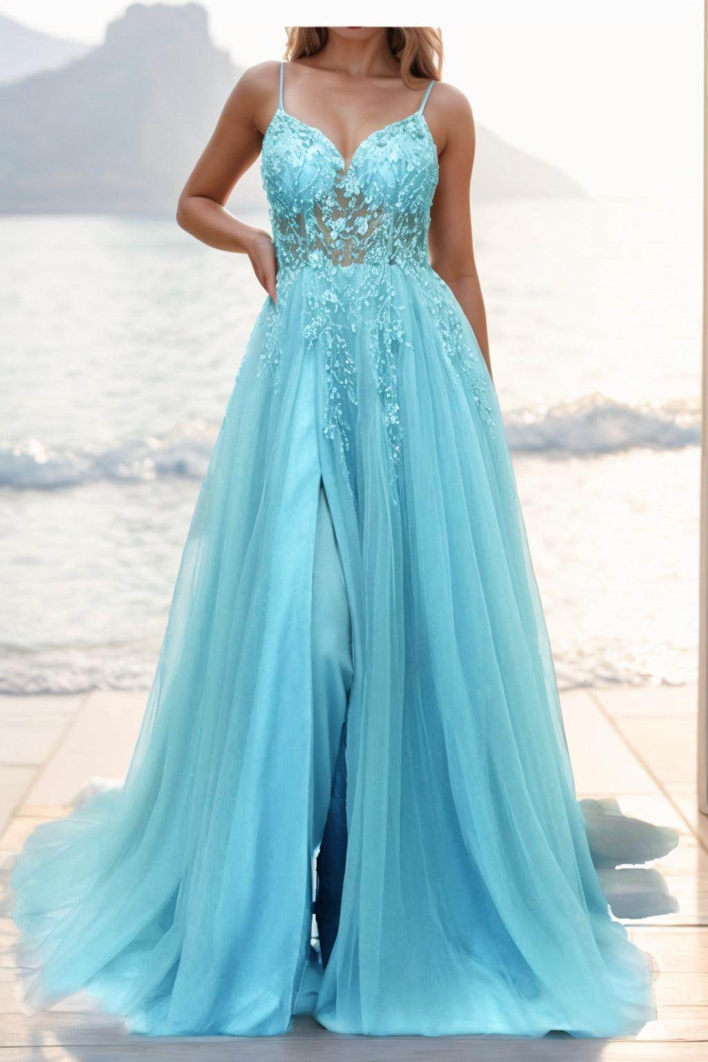 A-line Sweep-Brush Train Tulle Prom Dress CS0402