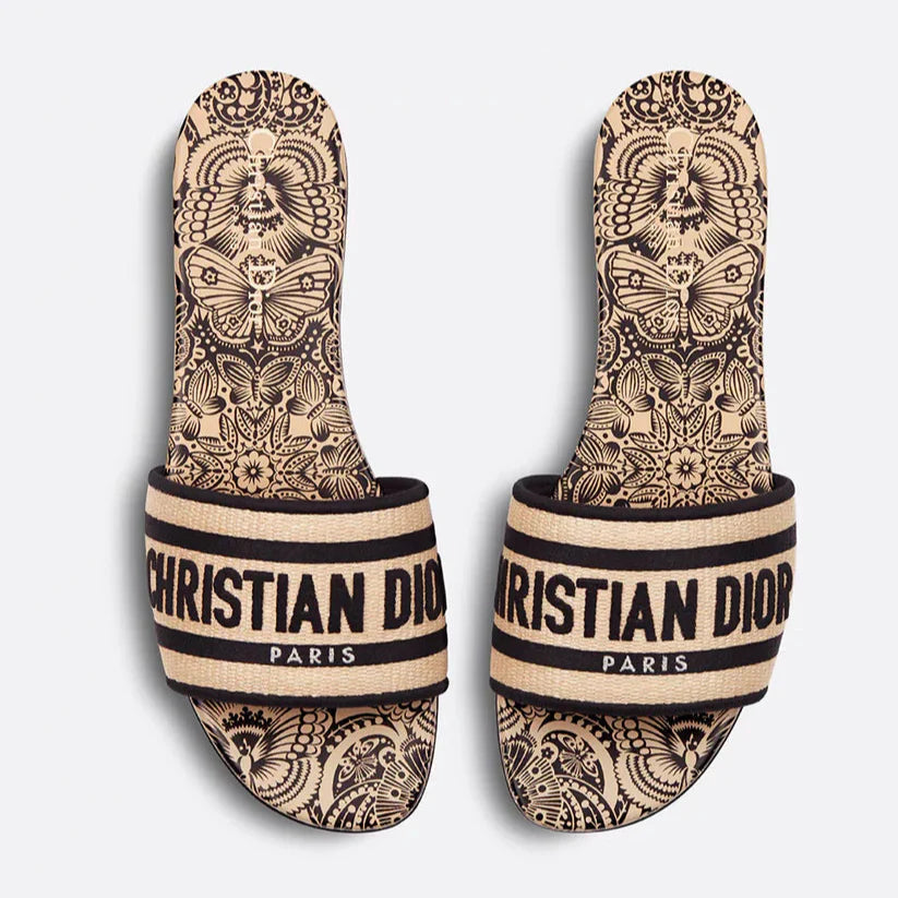CD Dway Slide Natural Raffia and Black D-Butterfly Paisley Motif