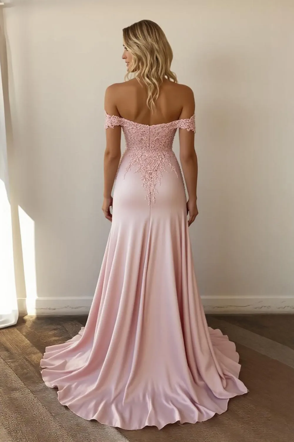 Pink Mermaid Off the Shoulder Satin Long Prom Dress with Lace