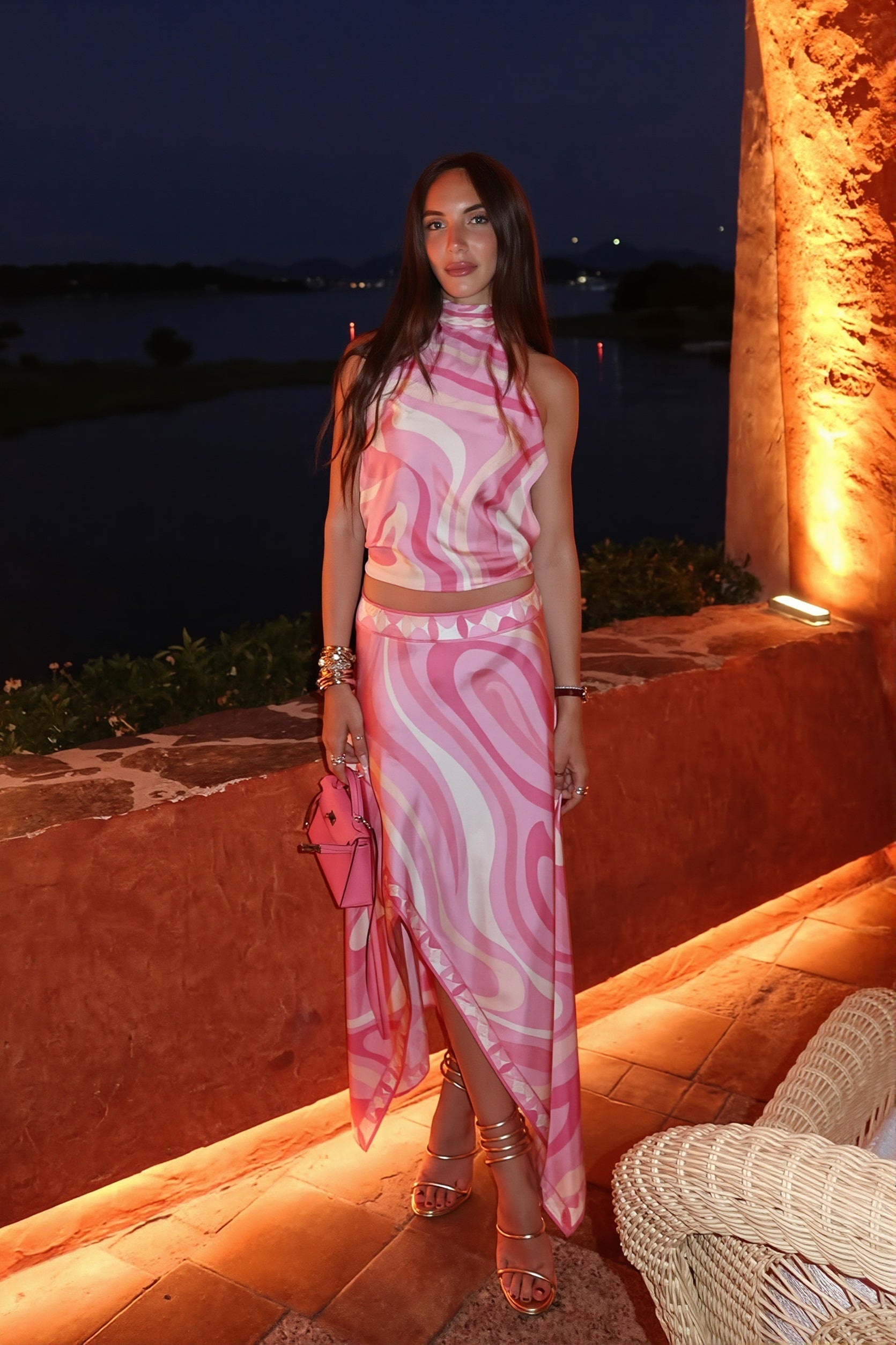 Abstract Print  Asym Midi Skirt Set
