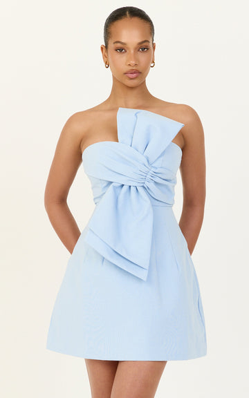 Chika Mini Dress - Linen Strapless Front Bow Dress in Pale Blue