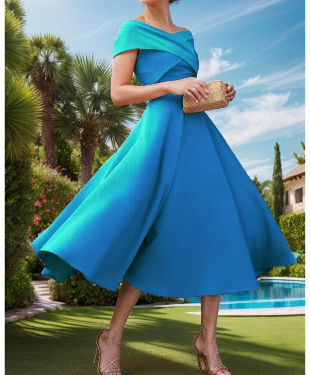 A-Line Tea Length Satin Prom Dress CS0455