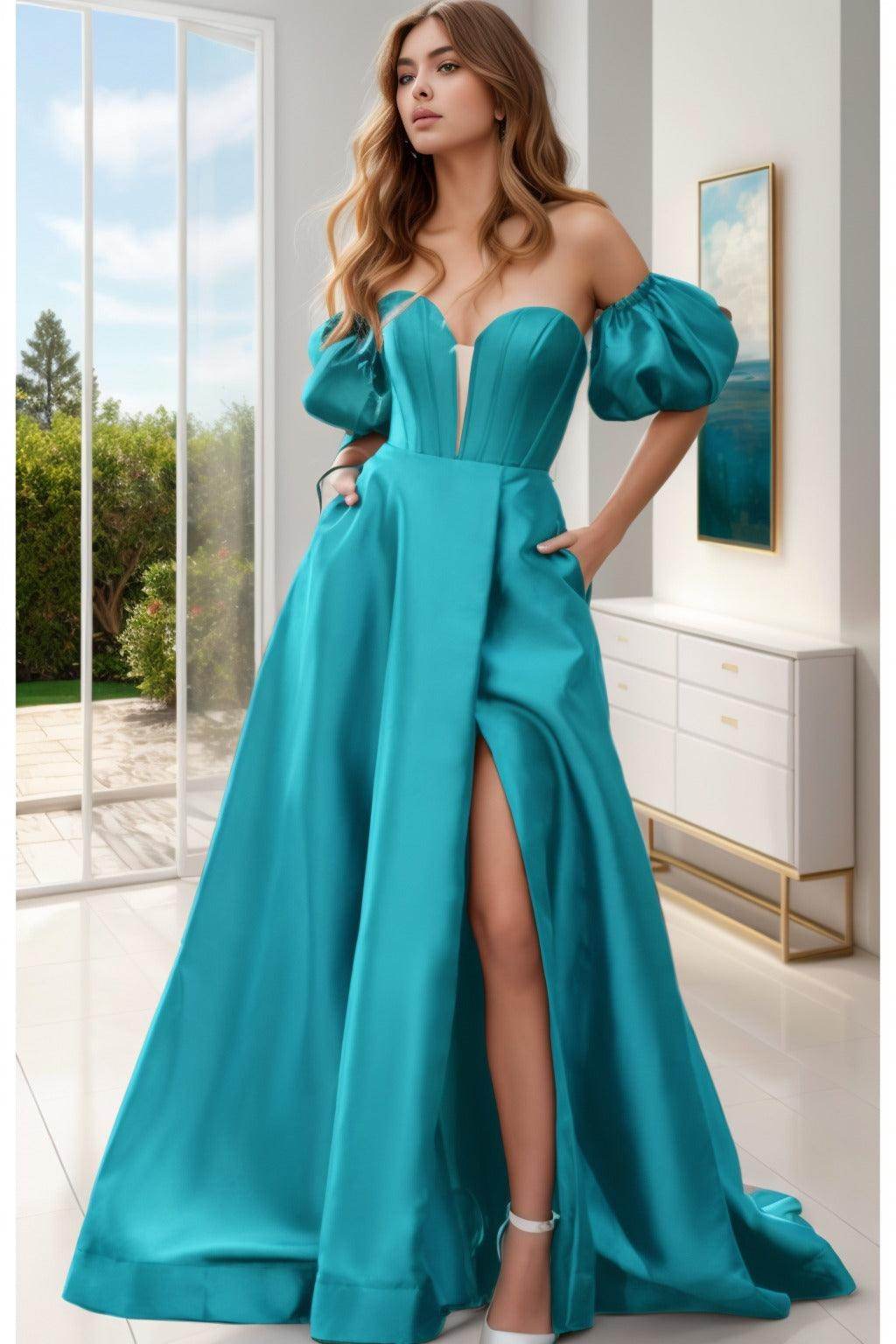 A-Line Sweep-Brush Train Satin Prom Dress CS0448