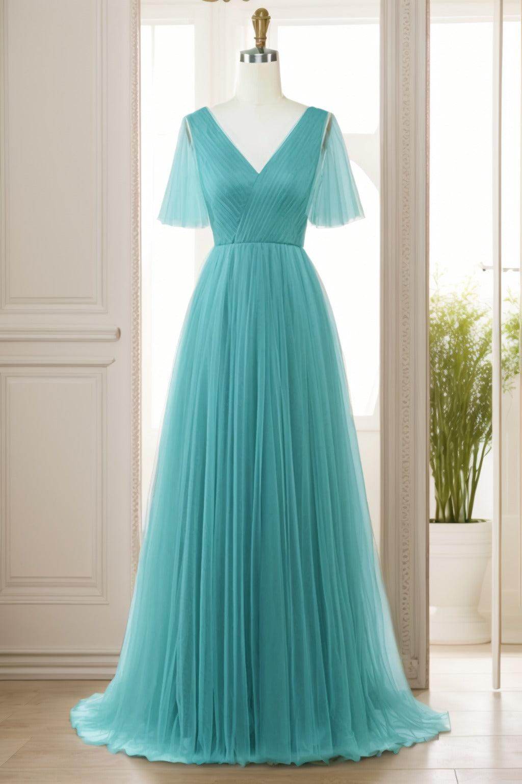 A-Line Sweep-Brush Train Tulle Prom Dress CS0472