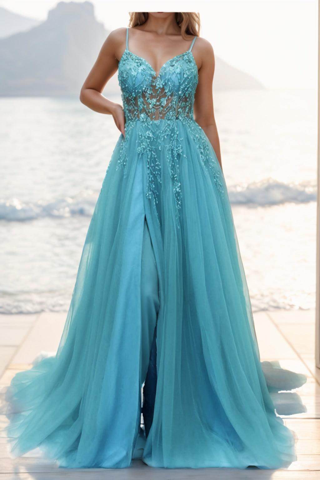 A-line Sweep-Brush Train Tulle Prom Dress CS0402