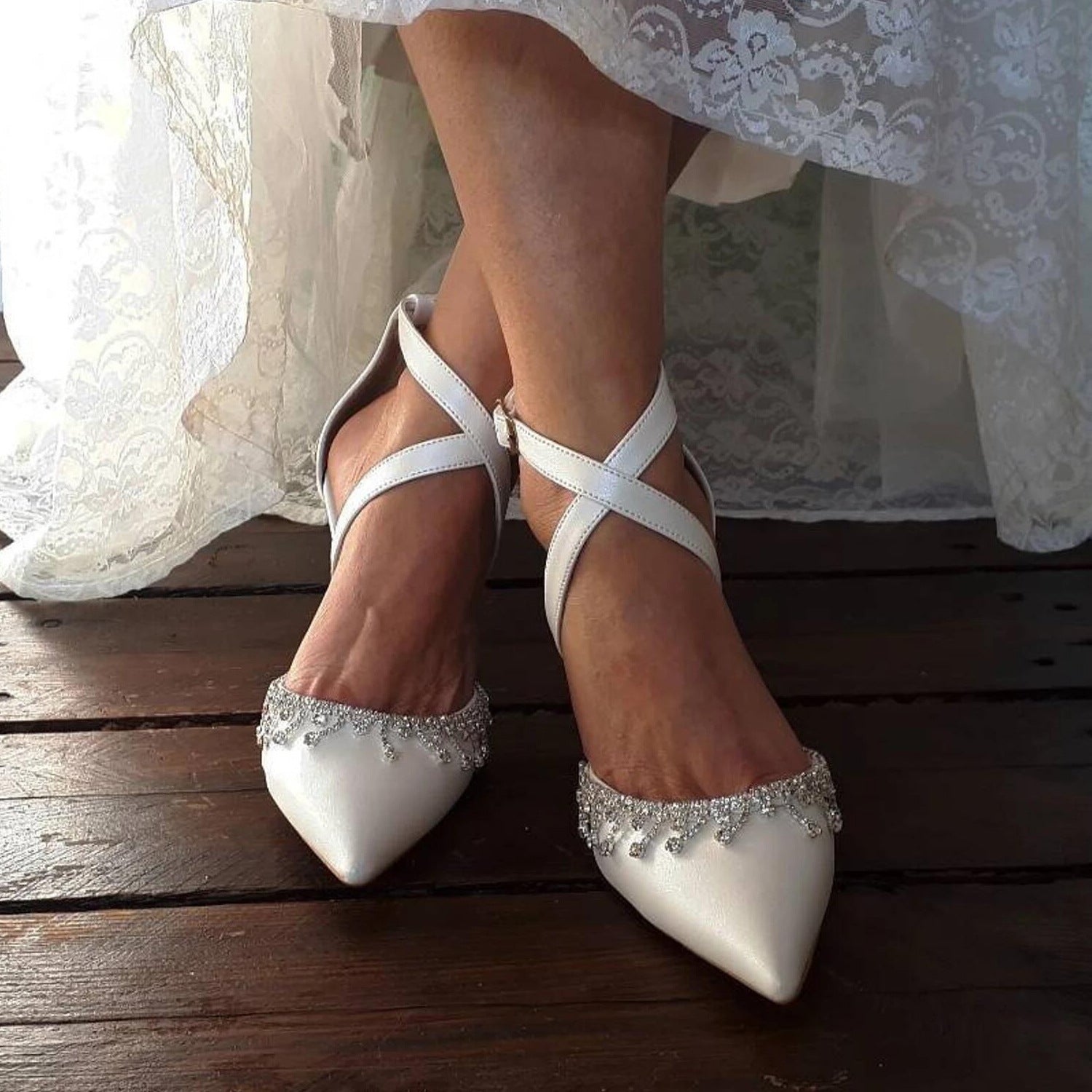 Pointed Toe Dress Flats Crisscross Ankle Strap Crystal Trim Shoes 857237211514