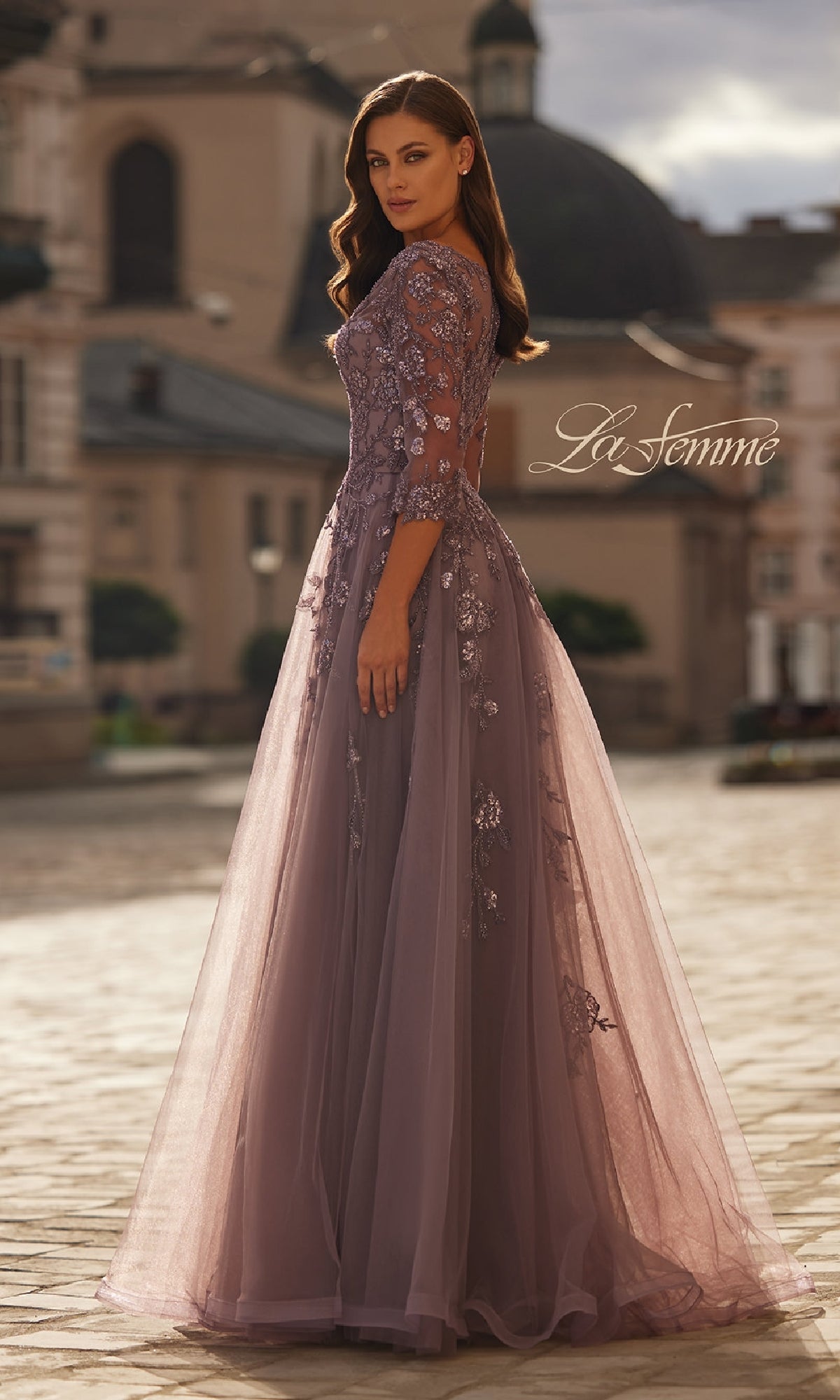 A-Line Tulle Sleeved Formal Dress: La Femme 32538