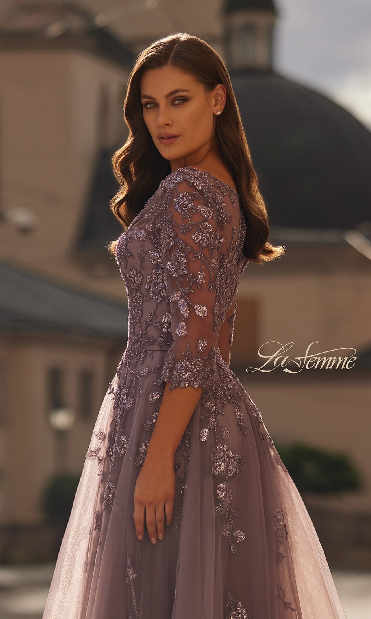 A-Line Tulle Sleeved Formal Dress: La Femme 32538