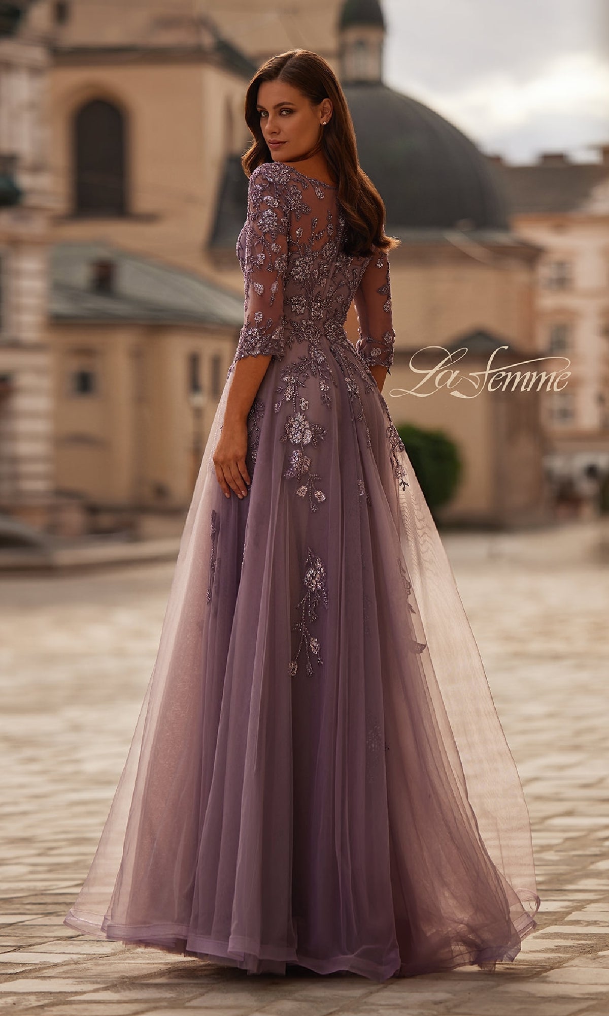 A-Line Tulle Sleeved Formal Dress: La Femme 32538