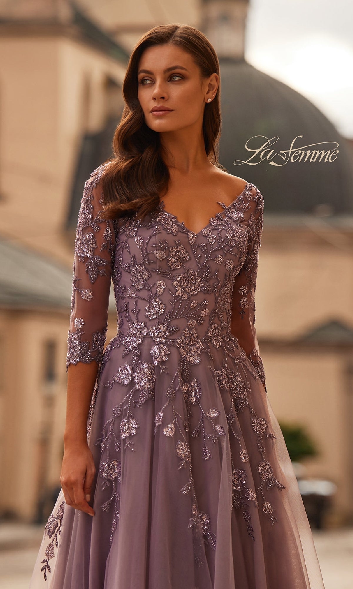 A-Line Tulle Sleeved Formal Dress: La Femme 32538