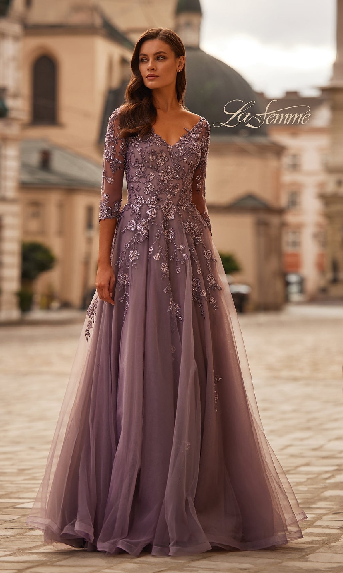 A-Line Tulle Sleeved Formal Dress: La Femme 32538