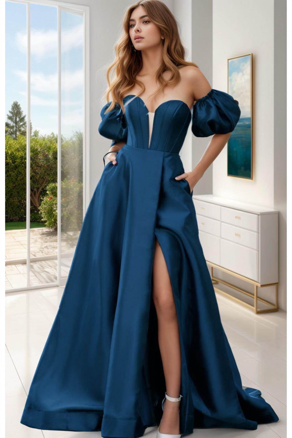 A-Line Sweep-Brush Train Satin Prom Dress CS0448