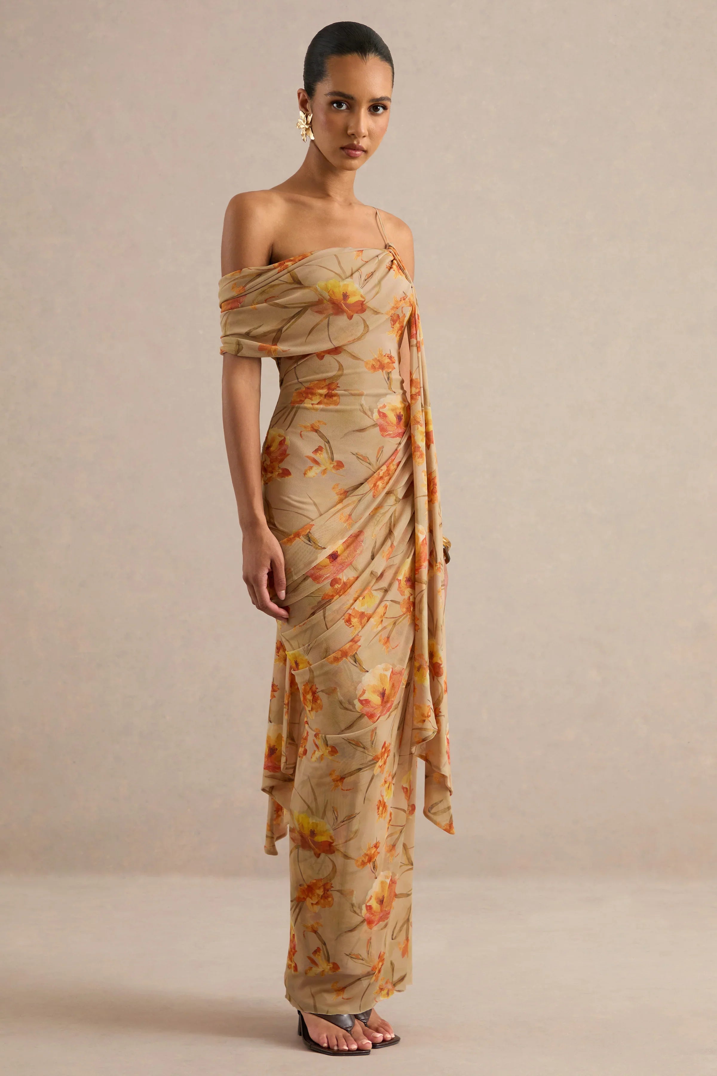 Afton | Orange Floral Mesh Asymmetric-Neck Maxi Dress With Sash Detail