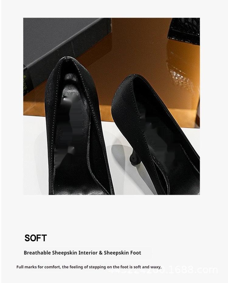 3D Flowers black Satin Pointy Stiletto Heels 769556407493