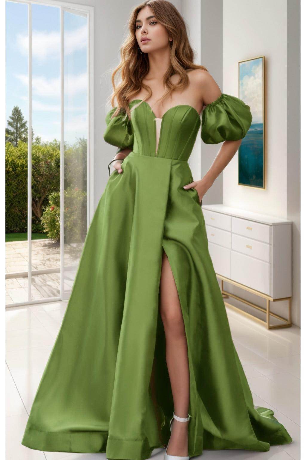 A-Line Sweep-Brush Train Satin Prom Dress CS0448