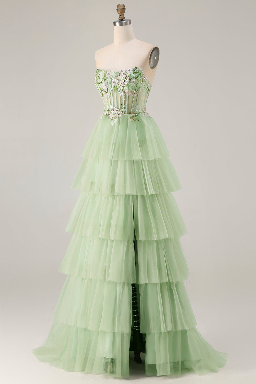 Sparkly Floral Fuchsia Tiered Beaded Long Corset Prom Dress with Slit